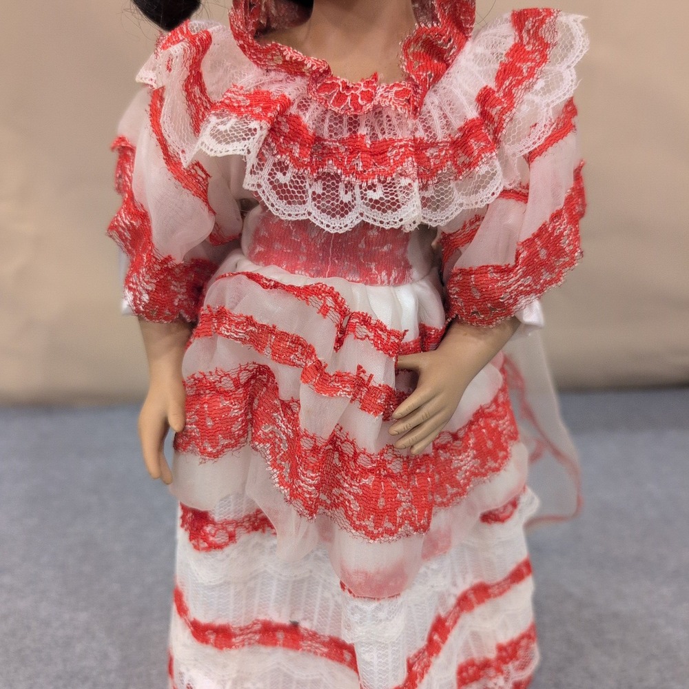 Ashley Belle Porcelain Mexican Doll With Stand Red White Lace Dress Hoop Earring - Picture 3 of 5